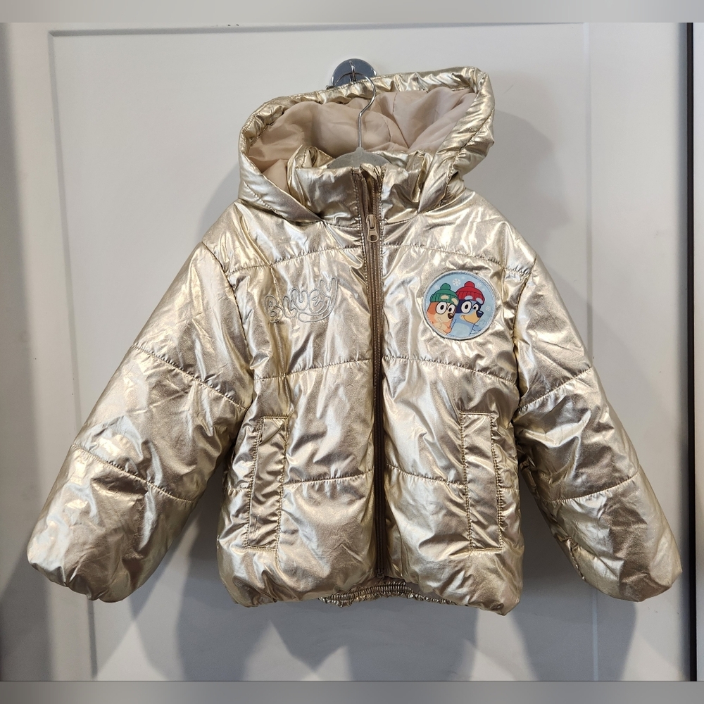 Bluey Bingo Disney Girls Zip Winter Coat Hood Puffer Jacket Metallic Gold 4T